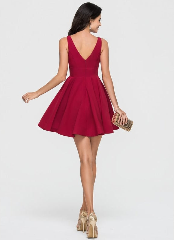 Trapèze col v court crêpe extensible robe de bal de promo - gallery 7