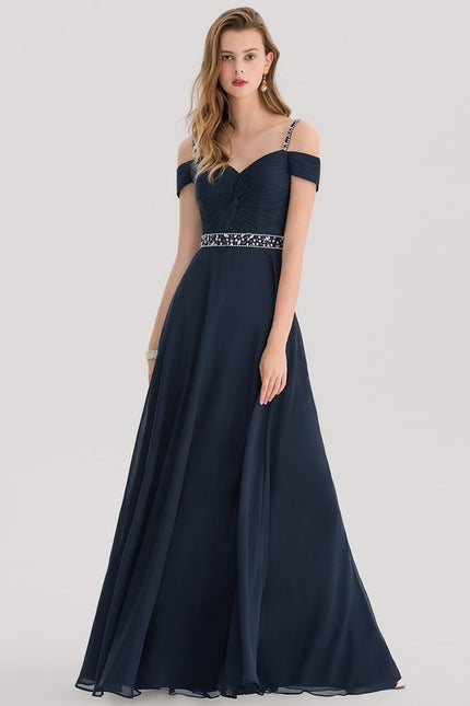 Trapèze col v décolleté épaules longueur ras du sol mousseline robe de soirée avec plissée paillettes perles - gallery 1