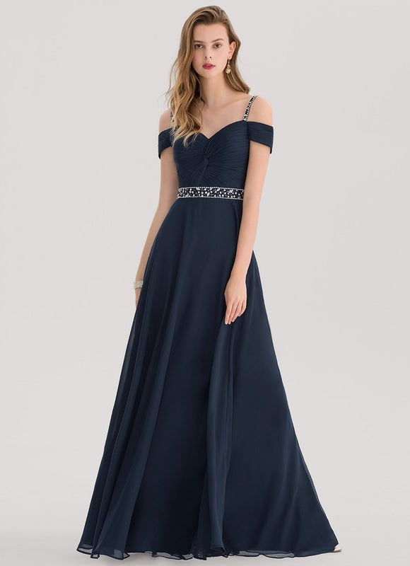 Trapèze col v décolleté épaules longueur ras du sol mousseline robe de soirée avec plissée paillettes perles - gallery 1