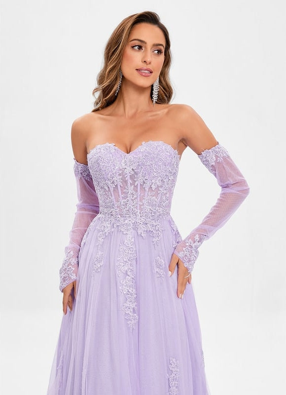 Trapèze col cœur traîne balayage tulle robe de bal avec paillettes appliques de dentelle - gallery 2