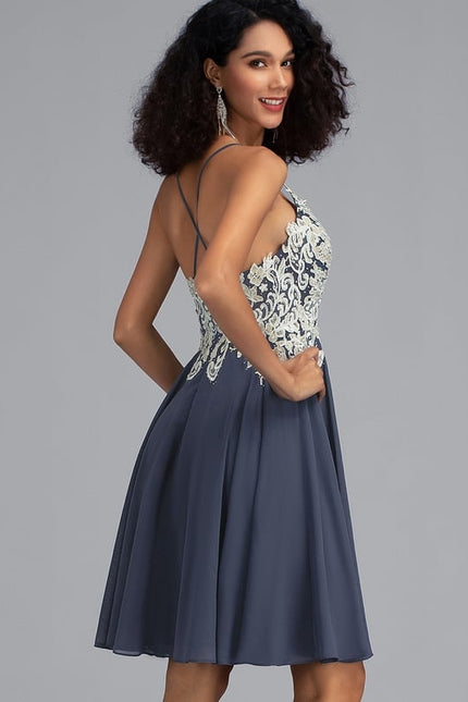 Trapèze col v court mousseline robe de bal de promo avec paillettes perles - gallery 3