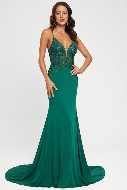 Sirène col v traîne balayage jersey robe de bal avec paillettes - gallery 4