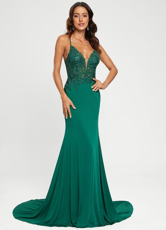 Sirène col v traîne balayage jersey robe de bal avec paillettes - gallery 4