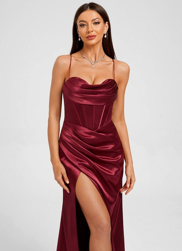 Fourreau col cœur longueur ras du sol satin extensible robe de bal avec plissée - gallery 6