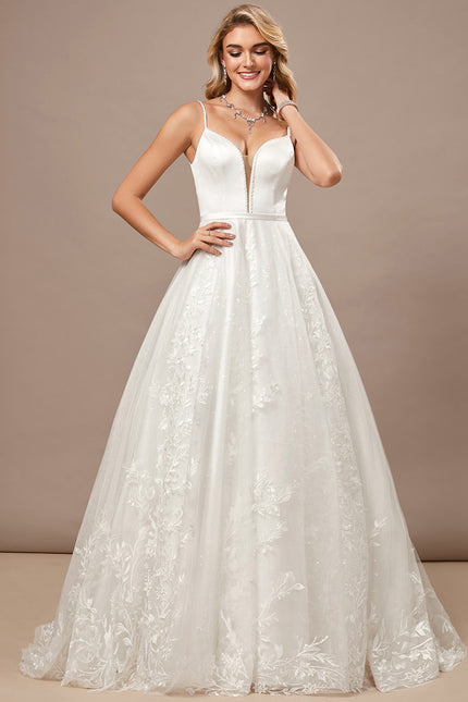 Trapèze col v traîne balayage dentelle tulle robe de mariée avec perles paillettes - gallery 2