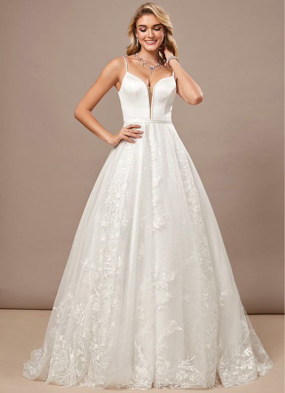Trapèze col v traîne balayage dentelle tulle robe de mariée avec perles paillettes - gallery 2