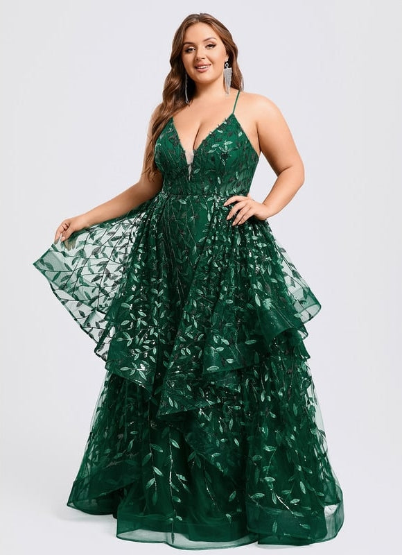 Princesse col v longueur ras du sol dentelle floral robe de bal avec paillettes - gallery 8