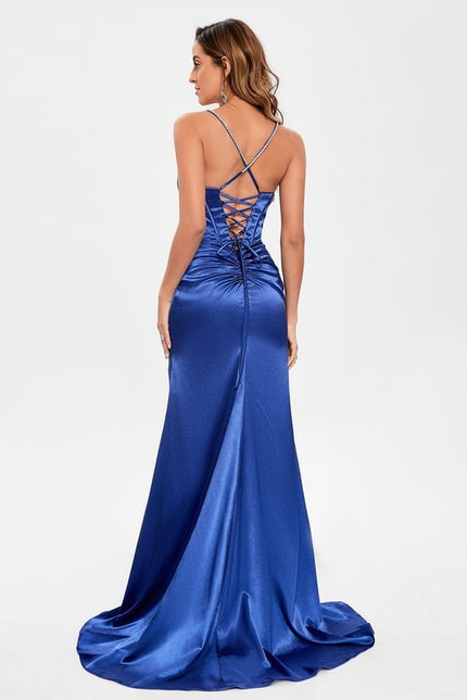 Sirène col droit traîne balayage satin extensible robe de bal avec strass - gallery 2
