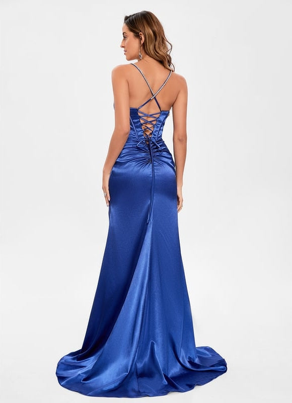 Sirène col droit traîne balayage satin extensible robe de bal avec strass - gallery 2