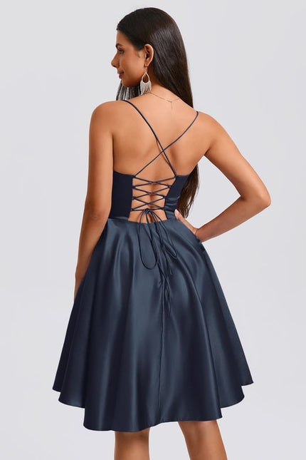 Trapèze col v asymétrique satin robe de bal de promo - gallery 2