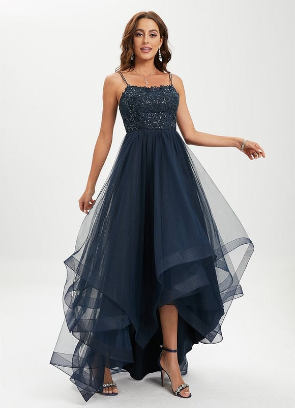 Princesse col rond asymétrique dentelle robe de bal avec paillettes - gallery 2