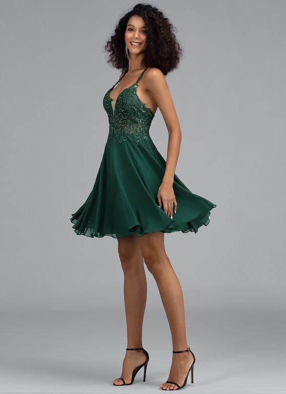 Trapèze col v court mousseline robe de bal de promo avec paillettes perles - gallery 5