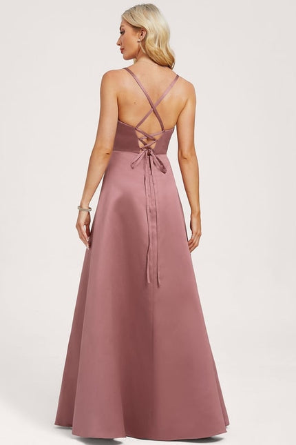 Trapèze col v longueur ras du sol satin robe de demoiselle d'honneur - gallery 4