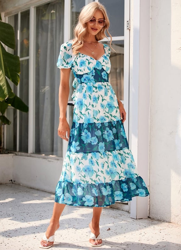 Robe imprimé fleur col cœur trapèze mousseline midi - gallery 2