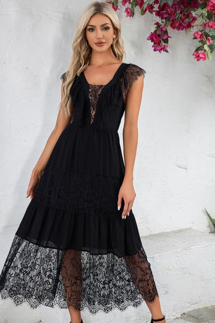 Robe à volants jacquard col v illusion trapèze dentelle polyester midi