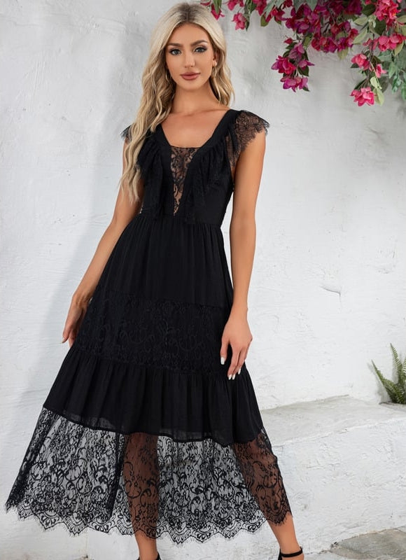 Robe à volants jacquard col v illusion trapèze dentelle polyester midi