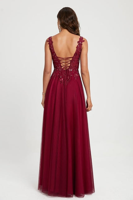 Princesse col v longueur ras du sol tulle dentelle robe de bal avec paillettes - gallery 4