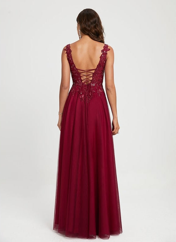Princesse col v longueur ras du sol tulle dentelle robe de bal avec paillettes - gallery 4