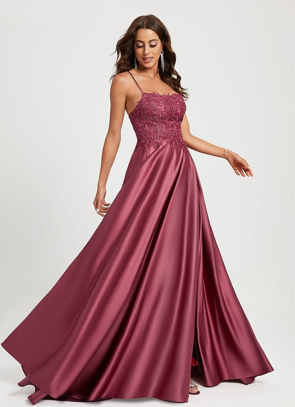 Trapèze col carré traîne balayage satin robe de bal avec strass - gallery 2