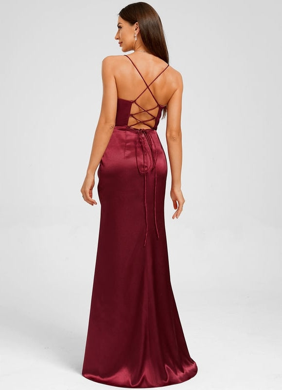 Fourreau col cœur longueur ras du sol satin extensible robe de bal avec plissée - gallery 2