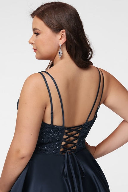 Trapèze col carré court satin robe de bal de promo - gallery 5