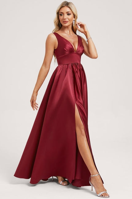 Trapèze col v longueur ras du sol satin robe de demoiselle d'honneur - gallery 1