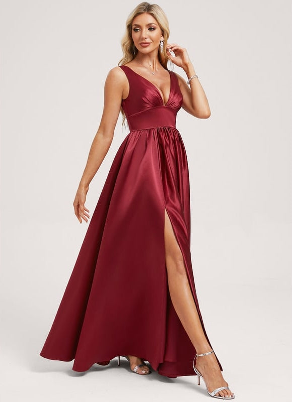 Trapèze col v longueur ras du sol satin robe de demoiselle d'honneur - gallery 1