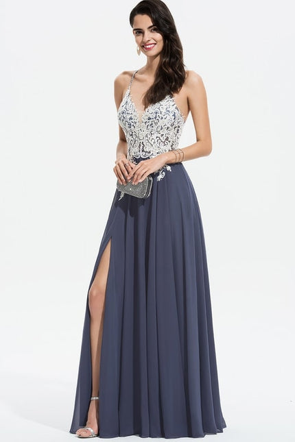 Trapèze col v longueur ras du sol mousseline robe de bal avec perles paillettes - gallery 3