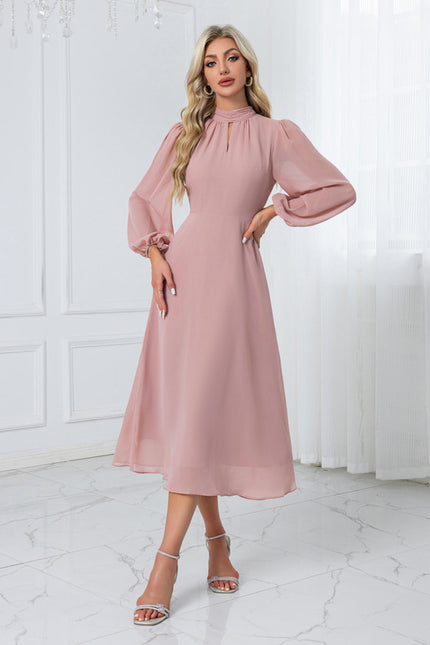 Robe col montant trapèze mousseline midi - gallery 6