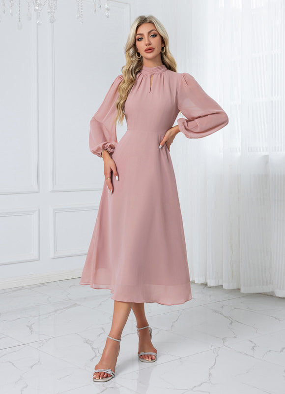 Robe col montant trapèze mousseline midi - gallery 6