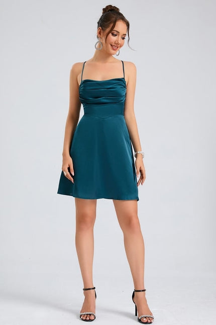 Trapèze col bénitier court satin de soie robe de bal de promo - gallery 5