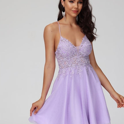 Trapèze col v court dentelle tulle robe de bal de promo avec perles
