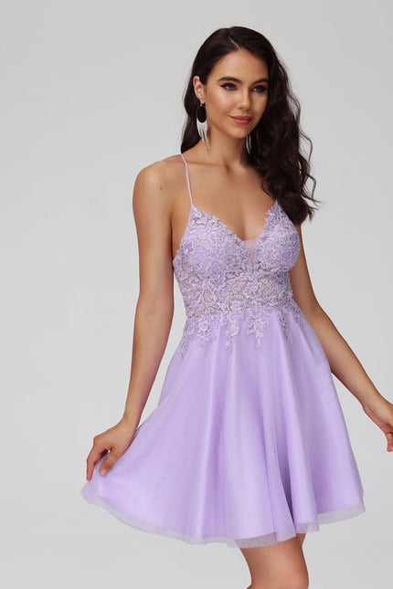 Trapèze col v court dentelle tulle robe de bal de promo avec perles