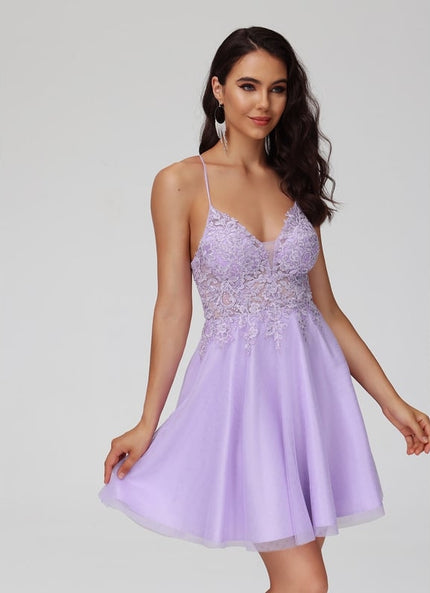 Trapèze col v court dentelle tulle robe de bal de promo avec perles