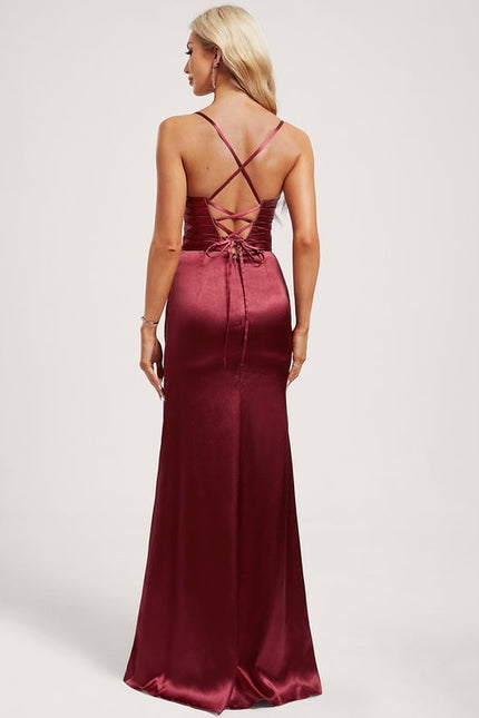 Sirène col carré longueur ras du sol satin extensible robe de bal avec à volants - gallery 4