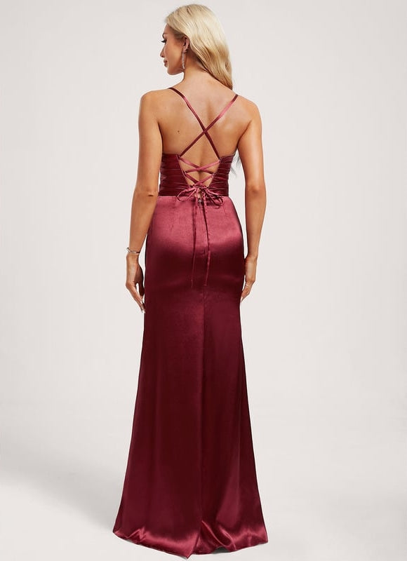 Sirène col carré longueur ras du sol satin extensible robe de demoiselle d'honneur avec à volants - gallery 4