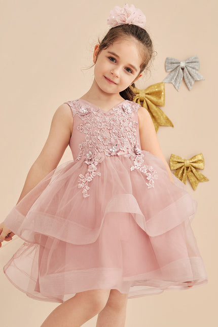 Trapèze col v longueur genou dentelle/tulle robes fille mariage avec perles/paillettes/motif floral 3d - gallery 1