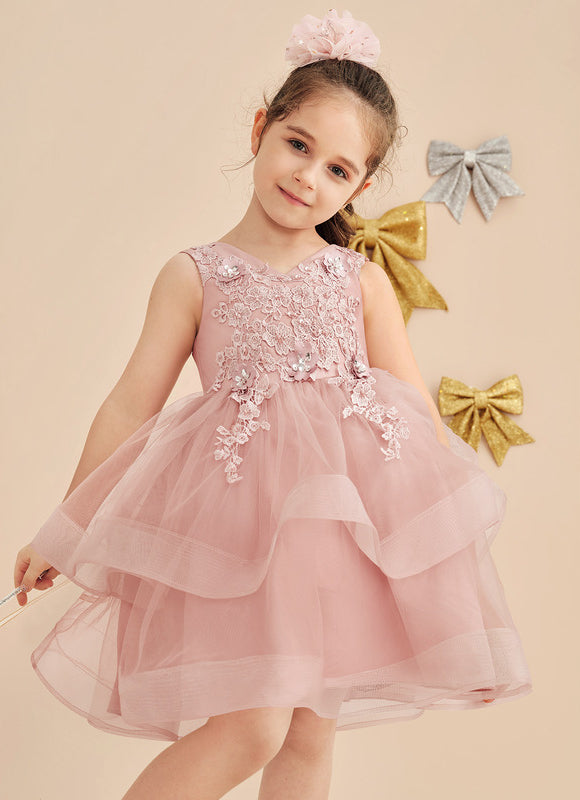 Trapèze col v longueur genou dentelle/tulle robes fille mariage avec perles/paillettes/motif floral 3d - gallery 1