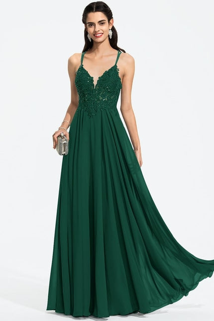 Trapèze col v longueur ras du sol mousseline robe de bal avec perles paillettes