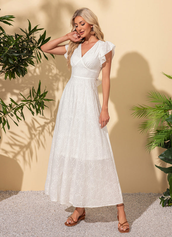 Robe à volants col v trapèze coton maxi