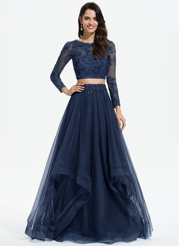 Princesse col rond longueur ras du sol tulle robe de bal avec perles paillettes