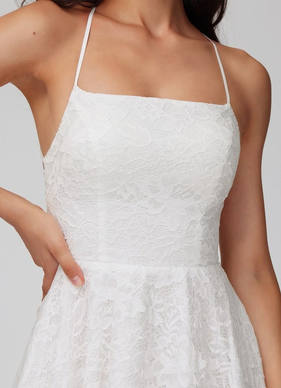 Trapèze col carré court dentelle robe de bal de promo - gallery 1