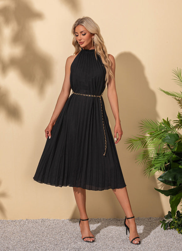 Robe plissée licou trapèze polyester midi