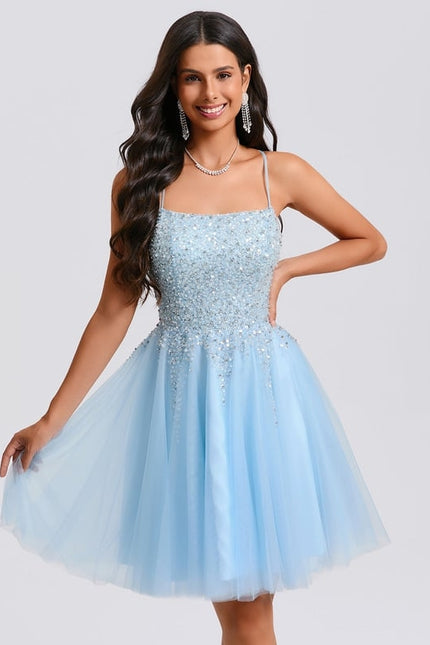 Trapèze col rond court tulle paillette robe de bal de promo avec paillettes perles