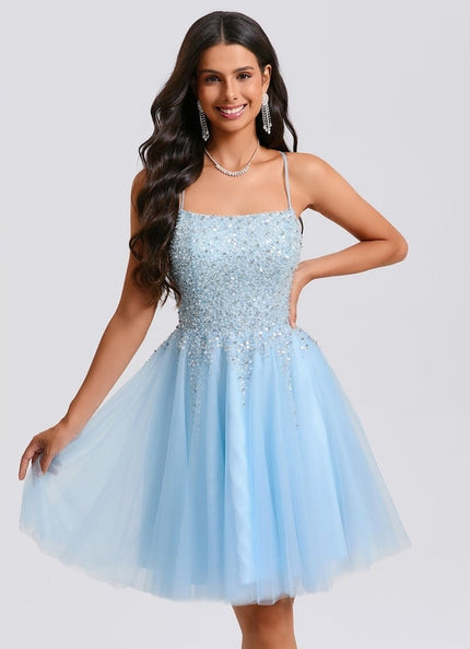 Trapèze col rond court tulle paillette robe de bal de promo avec paillettes perles