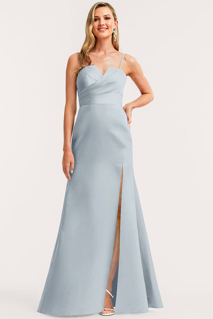 Trapèze col v longueur ras du sol satin robe de demoiselle d'honneur