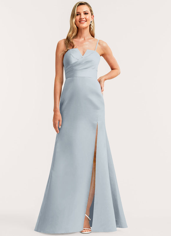 Trapèze col v longueur ras du sol satin robe de demoiselle d'honneur