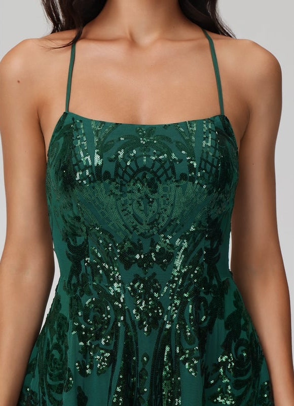 Trapèze col rond court paillette robe de bal de promo avec paillettes - gallery 3