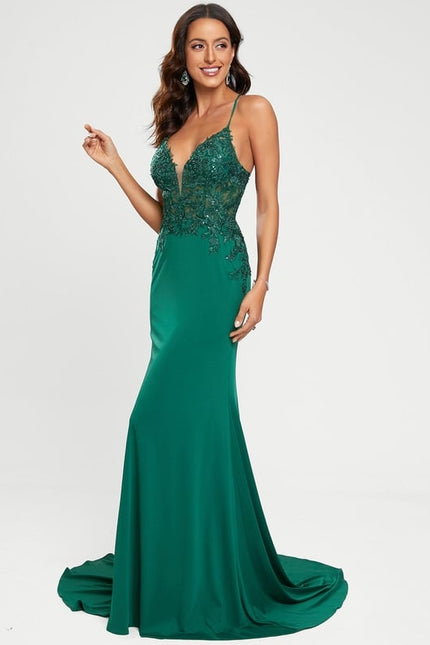 Sirène col v traîne balayage jersey robe de bal avec paillettes - gallery 1
