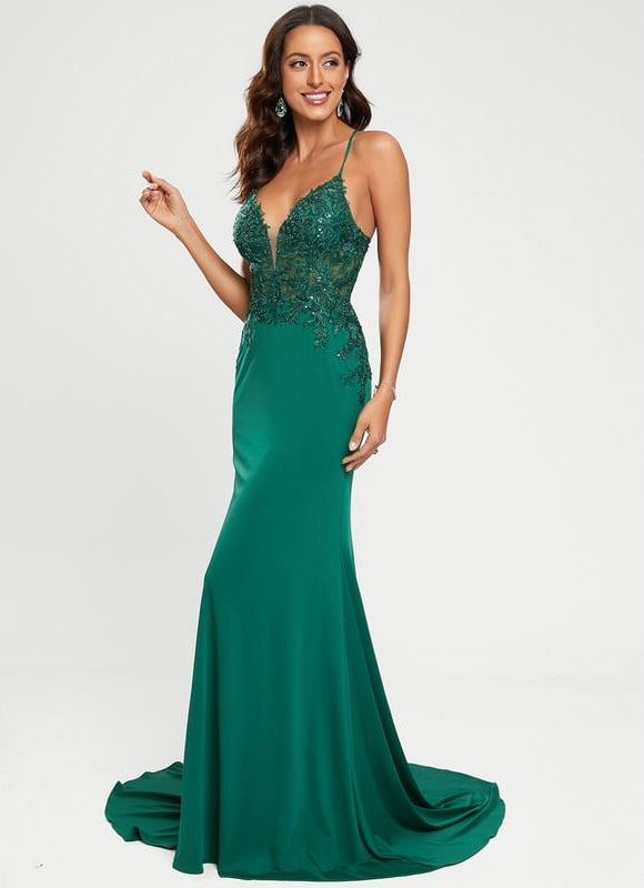 Sirène col v traîne balayage jersey robe de bal avec paillettes - gallery 1